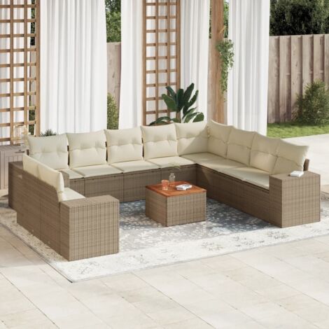 Canapé de Jardin Modulable en Résine Tressée 11 pièces Beige avec Coussins Crème, Table Acacia (1/3)