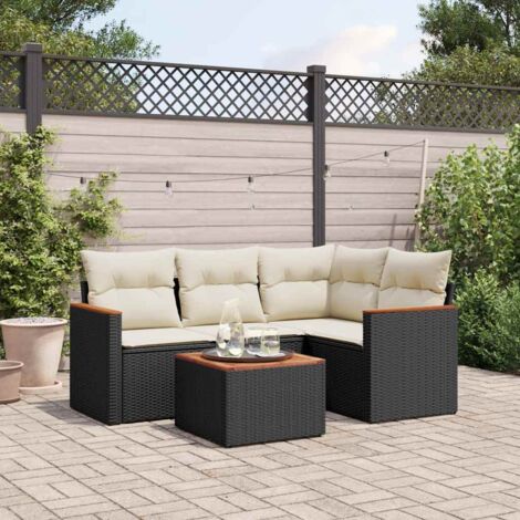 Salon de jardin 5 places noir en résine tressée avec table en acacia et coussins crème (1/3)