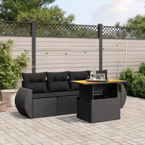 Ensemble Salon Jardin 5 Places Noir Résine Tressée Modulable avec Coussins Lavables, Table Réglable en Acacia - Noir (1/3)