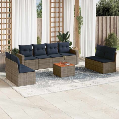 Canapé de Jardin 9 Pièces en Résine Tressée Gris avec Coussins Bleu Marine, Stockage intégré et Table en Acacia, Ensemble Salon d'Extérieur Modulaire (1/5)