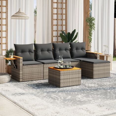 Ensemble de salon de jardin 6 places en résine tressée gris avec coussins, table d'appoint et repose-pieds – Confort modulable et rangement intégré. (1/3)