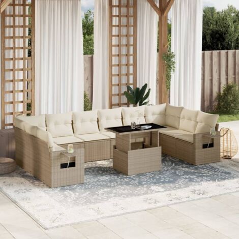 Ensemble de Salon de Jardin 11 Pièces en Résine Tressée Beige avec Table Réglable et Coussins Blanc Crème (1/5)