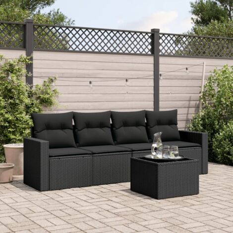 Salon de Jardin 5 Places Noir - Ensemble modulaire en résine tressée avec table en verre, coussins et rangement étanche (x4 sièges) (1/3)