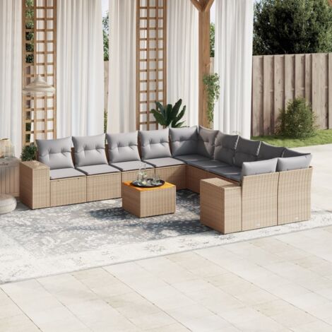 Set de Salon de Jardin 11 Pièces en Résine Tressée Beige avec Coussins Gris, Tabourets Modulaires avec Stockage et Table en Acacia (1/3)