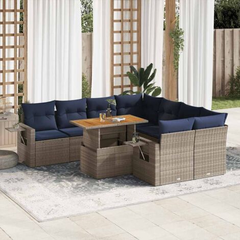 Ensemble de Jardin 9 Pièces en Résine Tressée Gris avec Table Réglable et Coussins Bleu Marine, Stockage Intégré, Cadre Acier Antirouille. (1/5)
