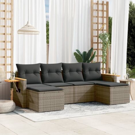 Canapé de jardin modulaire 6 places en résine tressée grise avec coussins amovibles, tablettes latérales et rangement intégré (1/3)