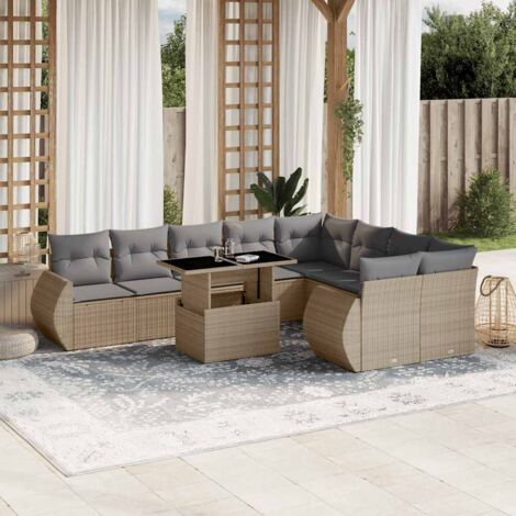 Ensemble de Salon Jardin 10 Pièces Résine Tressée Beige avec Coussins Gris Table Réglable Modulaire (1/5)
