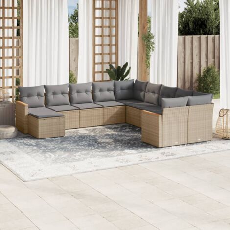 Ensemble de jardin modulaire 11 places en résine tressée beige, avec coussins gris, rangement et repose-pieds. Sièges d'angle (rotin/acacia) et centraux. Dimensions 62x62x69 cm. Charge 110 kg/seat (1/3)