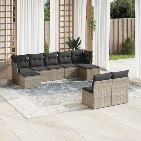 Ensemble Modulaire Salon Jardin 9 Pièces Gris Polyrotin Résine Tressée avec Coussins, Fonction Rangement et Housse Imperméable, Acier Enduit Poudre (1/3)
