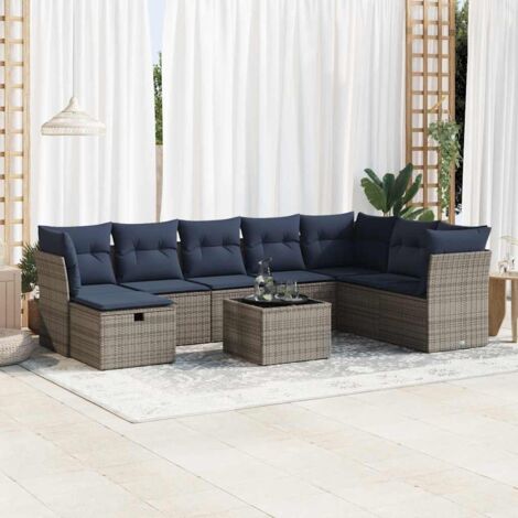Ensemble de Salon Jardin 9 Pièces Résine Tressée Gris - Canapé avec Coussins Bleu Marine et Table Verre Trempé, Stockage Intégré (1/5)