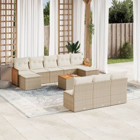 Salon de jardin en résine tressée beige 11 pièces avec coussins, table et rangement (1/3)
