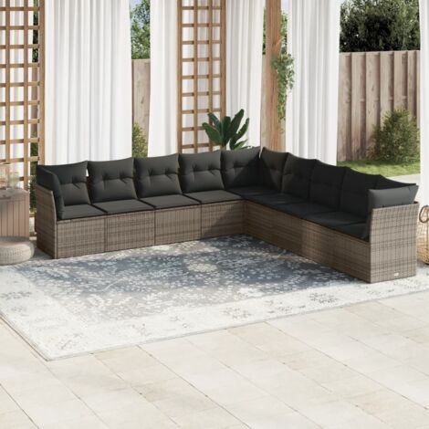 Ensemble de Salon de Jardin Gris en Résine Tressée 9 Pièces, avec Coussins, Modulable, Résistant aux Intempéries et Stockage Intégré (1/3)