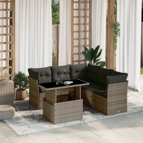Ensemble de jardin 6 places en résine tressée grise avec table extensible et coussins amovibles (1/5)