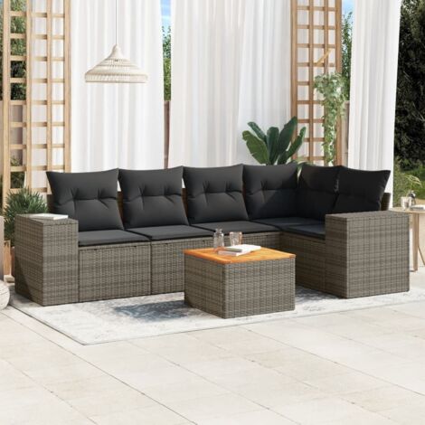 Salon de jardin modulaire 6 pièces en résine tressée gris avec coussins et table en acacia - Ensemble complet pour terrasse (1/3)