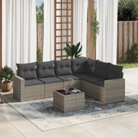 Salon de jardin modulaire 7 places avec coussins en résine tressée gris, table verre, rangement et housses lavables (1/3)