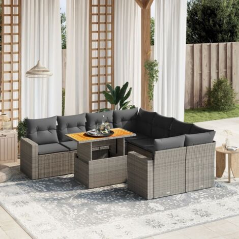 Salon de jardin modulaire 9 pièces en résine tressée grise, coussins amovibles, table à hauteur réglable. (1/3)