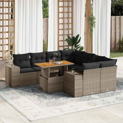 Canapé de jardin 9 pièces en résine tressée grise avec table extensible et rangement intérieur (1/5)