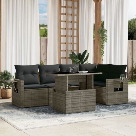 Ensemble de jardin 6 places en résine tressée grise avec coussins, table réglable et accoudoirs à tablettes - Modulaire et résistant aux UV (1/5)
