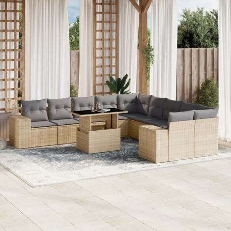 Canapé d'angle 11 pièces résine tressée beige avec table extensible et coussins gris (1/5)