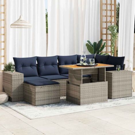 Ensemble de salon de jardin en résine tressée gris 7 places avec rangement et coussins bleu marine amovibles (1/5)