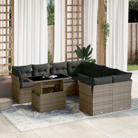 Ensemble de jardin 9 places en résine tressée grise avec coussins amovibles, table extensible en verre trempé (1/5)