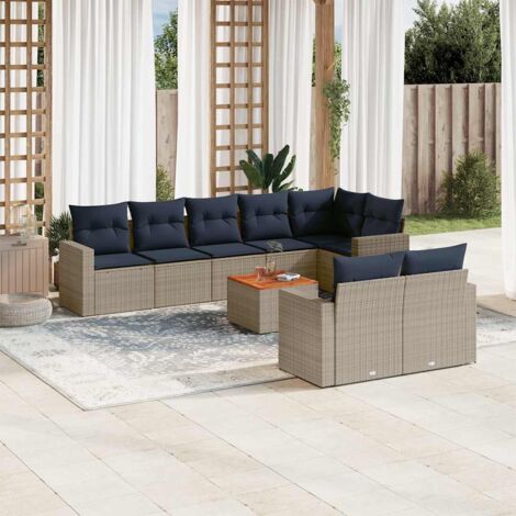 Ensemble Salon Jardin 9 Pièces en Résine Tressée Gris avec Coussins Bleu Marine, Stockage Intégré et Table en Acacia (1/5)