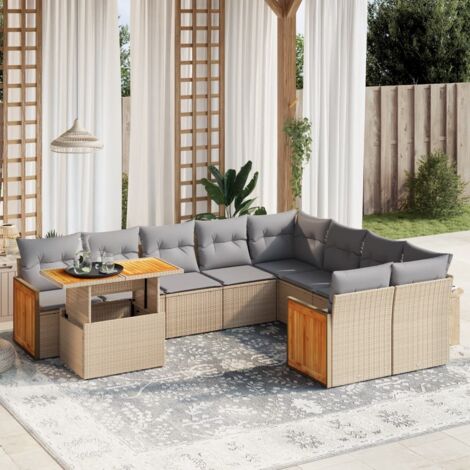Salon de Jardin 8 Places en Résine Tressée Beige avec Table à Hauteur Réglable, Modulaire, Coussins Gris Détachables (1/3)