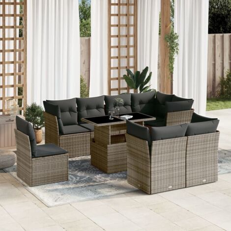 Ensemble canapé jardin 9 pièces en résine tressée gris avec table relevable et coussins amovibles (1/5)