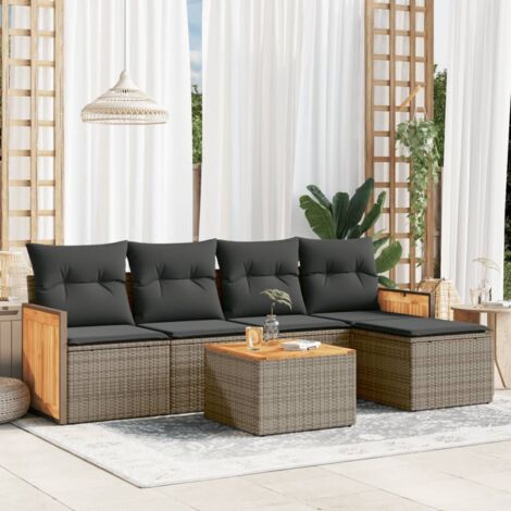 Ensemble de salon de jardin 6 places en résine tressée gris avec coussins, table et repose-pieds modulables (1/3)