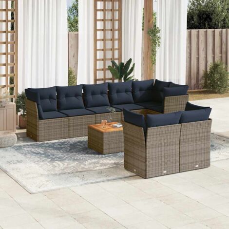 Ensemble de jardin 9 pièces en résine tressée grise avec table acacia et coussins bleu marine, modulable et rangement intégré (1/5)