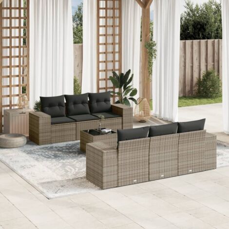 Salon de Jardin 7 Places en Résine Tressée Gris avec Coussins, Table en Verre et Rangement (1/3)