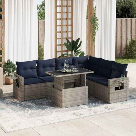 Salon de Jardin 7 Places en Résine Tressée Gris avec Coussins Bleu Marine, Table et Rangement Intégré (1/5)
