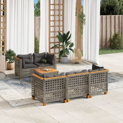 Salon de Jardin 6 Places Gris Résine Tressée avec Coussins Détachables et Table en Acacia - Ensemble Modulaire Jardin (1/5)