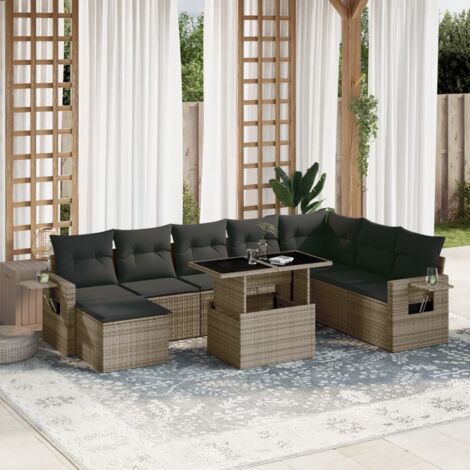Ensemble salon de jardin 9 pièces en résine tressée gris avec coussins, tables d'appoint et repose-pieds, modulable pour terrasse (1/5)