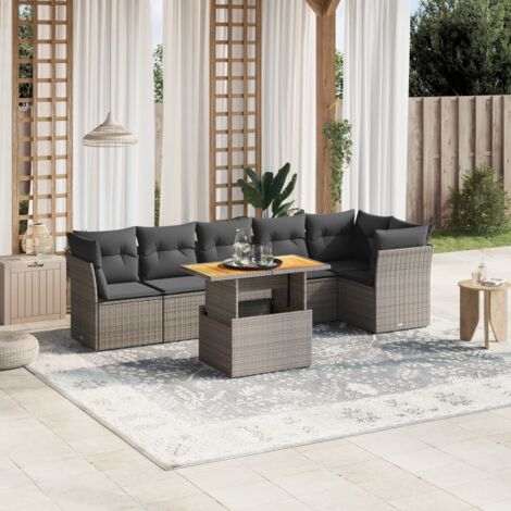 Ensemble Salon de Jardin en Résine Tressée Gris 7 pièces avec Coussins, Table Réglable et Design Modulaire (1/3)