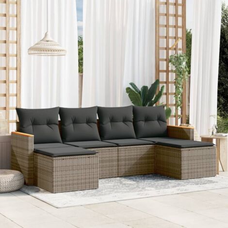 Ensemble Salon de Jardin Gris 6 Places - Modulable en Résine Tressée, Tabourets et Coussins Inclus (1/3)