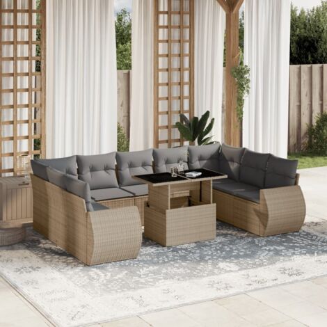 Ensemble de Jardin 10 Pièces en Résine Tressée Beige avec Coussins Gris et Table à Hauteur Réglable (1/5)
