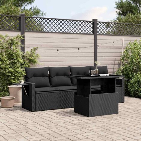 Salon de Jardin 5 Places Modulaire en Résine Tressée Noire avec Table Réglable et Coussins (1/5)