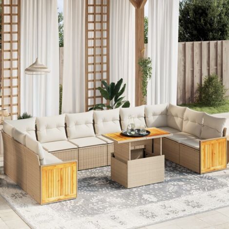 Ensemble de jardin 11 pièces en résine tressée beige, table relevable, coussins lavables (1/3)