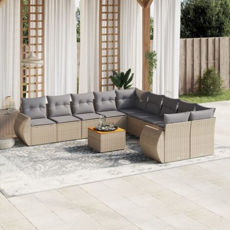 Ensemble Salon de Jardin en Résine Tressée 11 Pièces, 2 Canapés d'Angle avec Table en Acacia et 10 Coussins Gris, Modulaire et avec Espaces de Rangement (1/3)