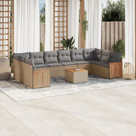 Ensemble Salon Jardin 11 pièces Résine Tressée Beige avec Coussins, Table Acacia et Rangement Modulaire (1/3)