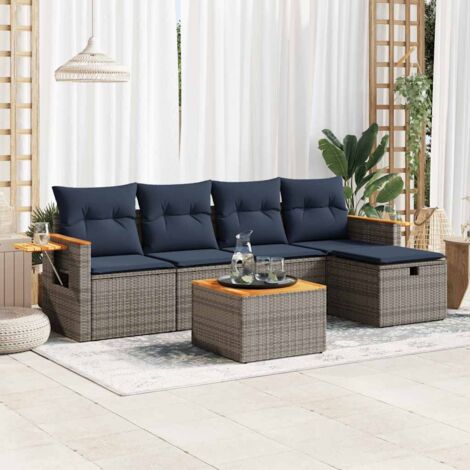 Ensemble Salon de Jardin 6 Places en Résine Tressée Gris avec Coussins, Table et Repose-Pieds, Stockage Intégré (1/5)
