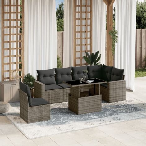 Ensemble de salon jardin modulaire 7 places en résine tressée gris avec coussins amovibles et table à hauteur réglable (1/5)