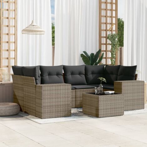 Ensemble Salon de Jardin 7 Pièces Gris Résine Tressée, Table Verre Trempé, Coussins Amovibles, Modulaire Stockage Intégré (1/3)