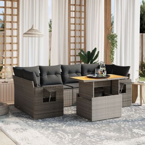 Ensemble Salon de Jardin 7 Pièces - Canapés Résine Tressée Gris avec Coussins 55x55 cm et Table Réglable Acacia (1/3)