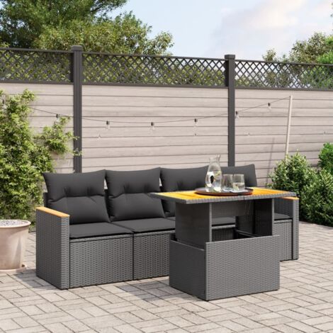 Salon de jardin 5 places en résine tressée noir avec table réglable et coussins amovibles lavables (1/3)