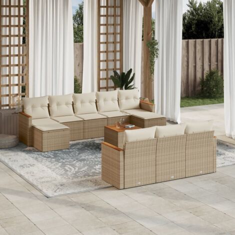 Salon de jardin 11 pièces en résine tressée beige avec table acacia, coussins lavables et rangement intégré (1/3)