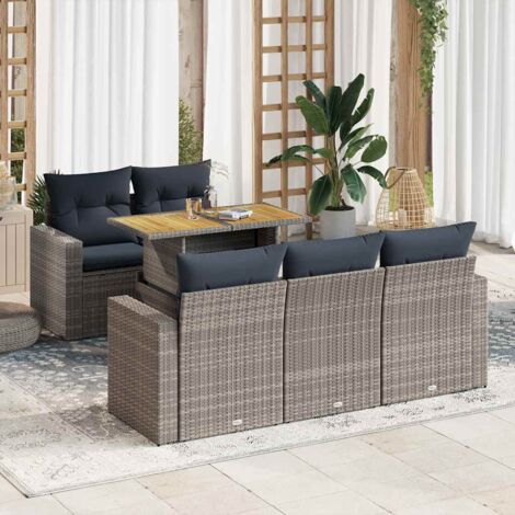 Ensemble salon de jardin 6 places gris poly rotin résine tressée avec coussins bleu marine, table réglable et rangement intégré (1/5)