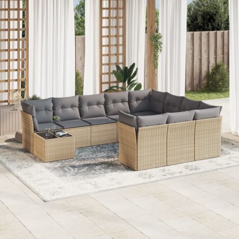 Canapé de Jardin Modulable en Résine Tressée Beige 11 Pièces avec Table et Coussins Gris Lavables (1/3)
