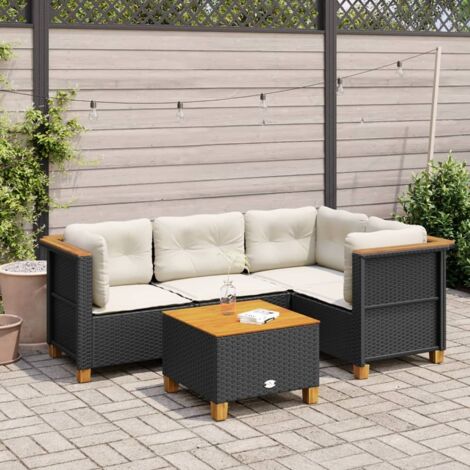 Ensemble salon de jardin 5 places noir en résine tressée, 4 fauteuils + table acacia avec coussins (1/5)